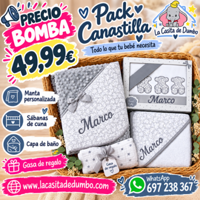 Pack Canastilla Bebe  Personalizada 3 Piezas + Regalo Gasa
